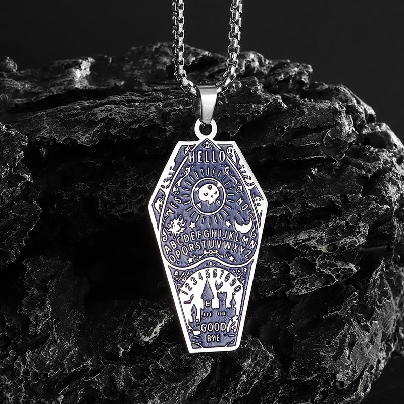 Retro Bat Coffin Castle Badge Stainless Steel Pendant Necklace for Men and Women Punk Halloween Jewelry Gift