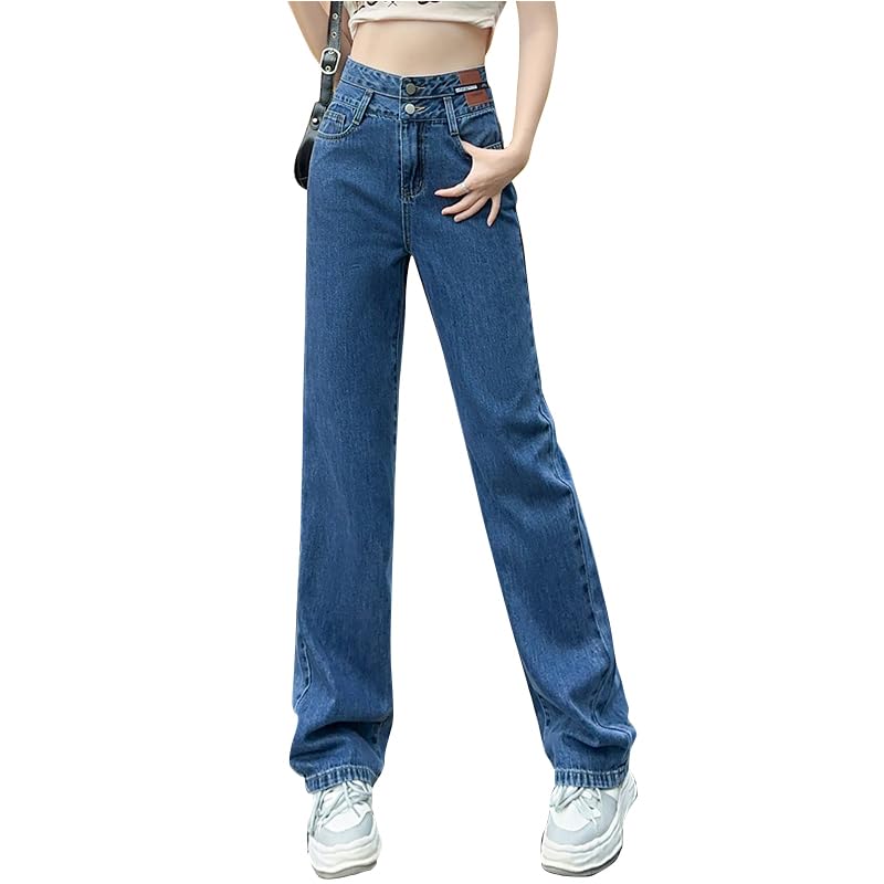

High Waist Wide Leg Jeans Vintage Denim Straight Pants Small Slim Leg Pants Loose Textured Body Pants [JINJUDUO] Women s Women s (XL) синій