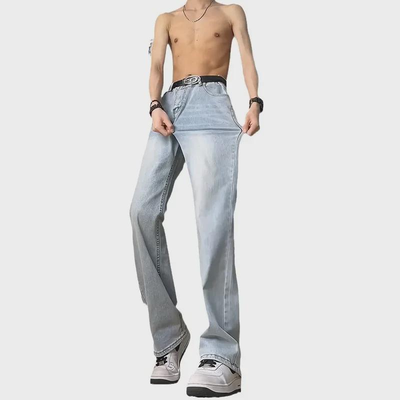 Light Blue Men's Flared Machete Jeans - Versatile American High Street Style, Straight Leg Summer Pants.