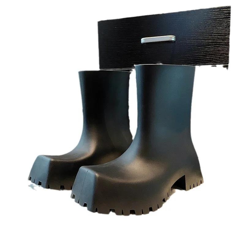 Fashion Bottes de Pluie de Luxe en Cuir Souple pour Femme, Bottines de Styliste, Imperméables, Confortables, à Plateforme