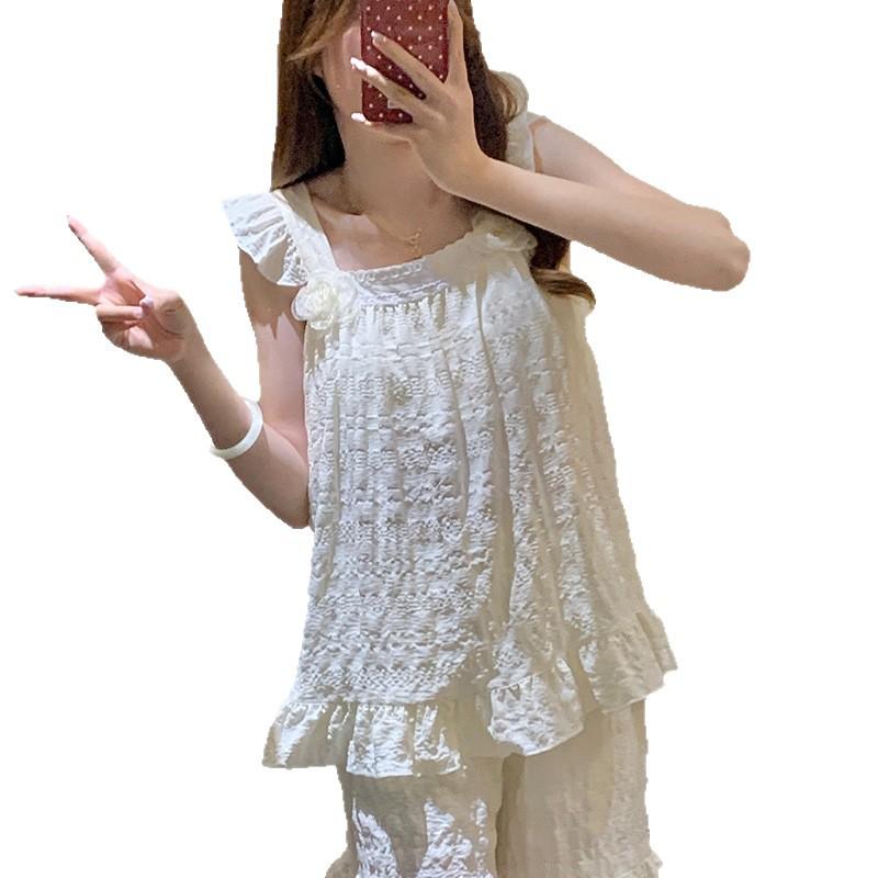 2026 Sweet Princess Style Women's Summer Pajama Set: Built-In Bra Jacquard Cloud Cotton Camisole