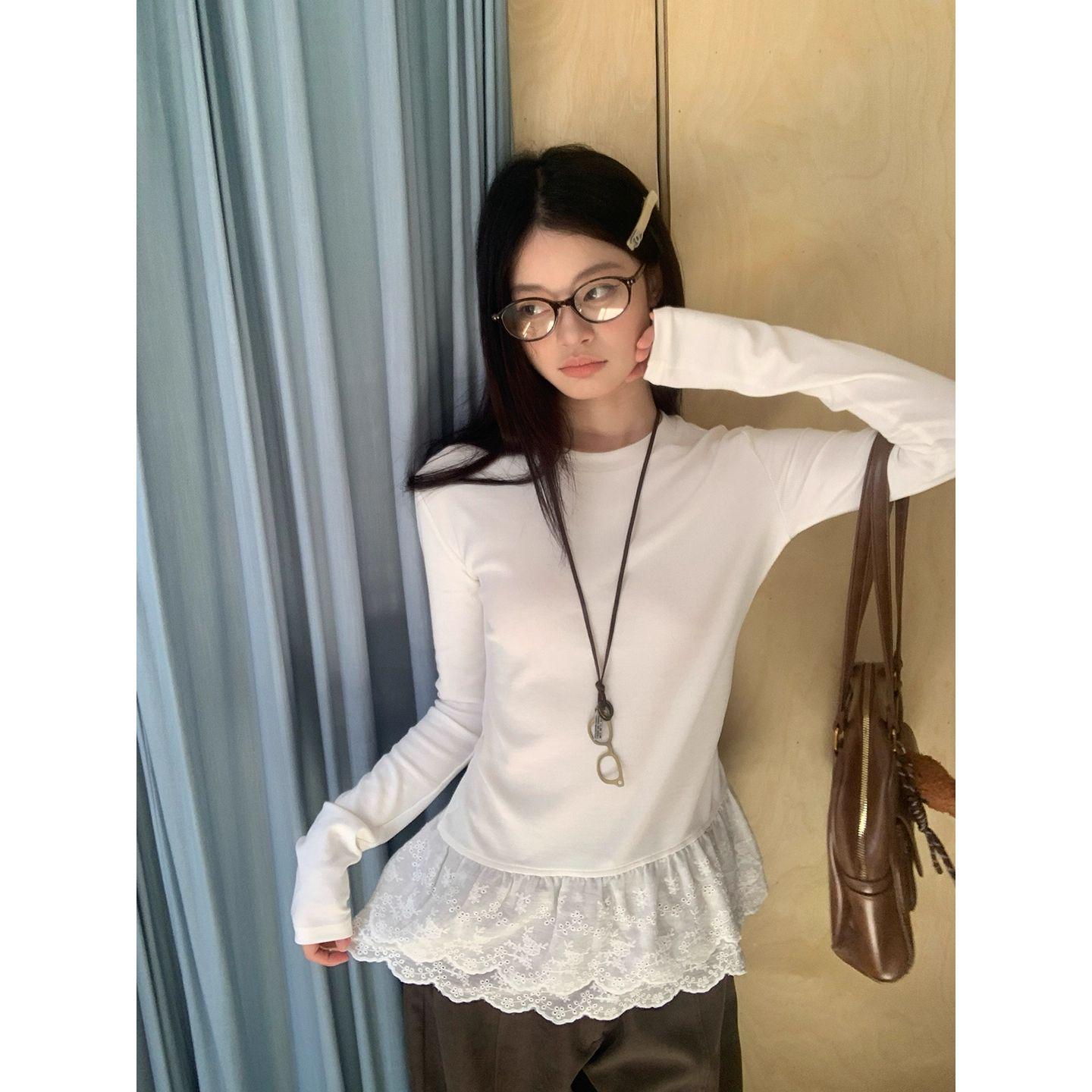 White Lace Trim Plush Long-Sleeve Slim Fit Top L