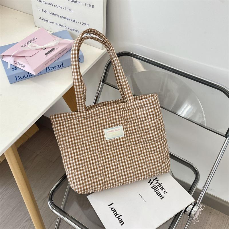 

Autumn New Quilted Padded Cotton Love Plaid Tote Bag Mommy Bag Single Shoulder Women s Large Capacity Handbag