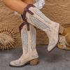 Women's Wide Width Pointed Toe Cowboy Boots, Chunky Heel Knee High Western Boots, European Style Long Boots for Women