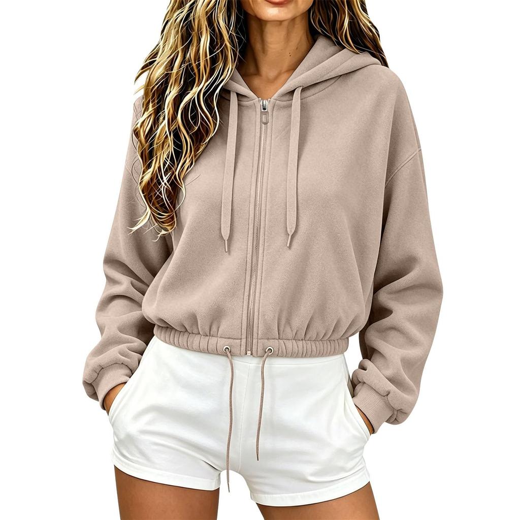 Women Zip Up Cropped Drawstring Hoodies Casual Long Sleeve Jacket with Pockets Winter Fall Outwear Outfits