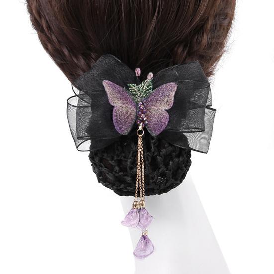 Hair Net Elastic Tight Non-Slip Handmade Tassel Bow Decor Dress Up Headdress Women Hair Clip with Hair Net Bag Hair Accessories