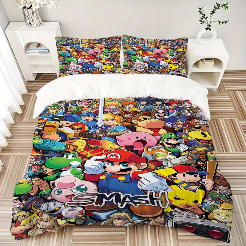 3dílná sada povlečení Mario Gamer Gaming Obsahuje 1 přikrývku + 2 povlaky na polštář, Bez výplní do polštářů, Měkká pohodlná, Lehká prodyšná,