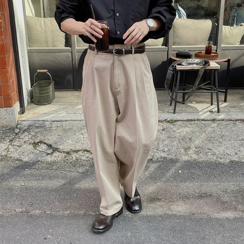Men Loose Straight Double Pleated Casual Workwear Suit Long Trousers