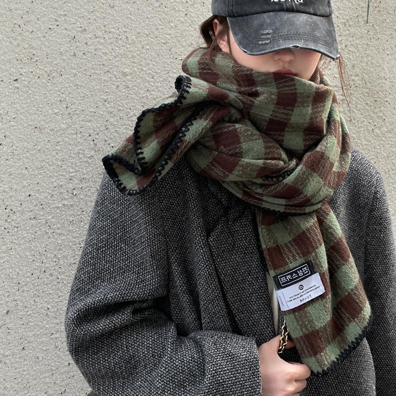 Winter Thickened Green Retro Plaid Scarf Women's Korean Style Student Shawl Warm Neck Warmer