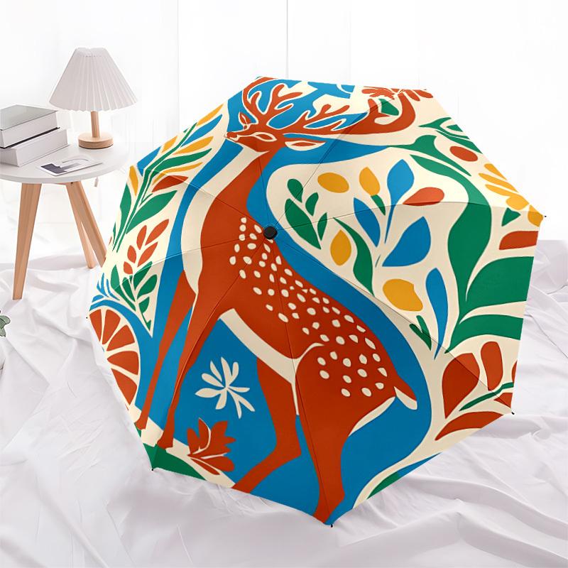1pc Deer Nature Automatic Folding Umbrella - Windproof Compact Travel Umbrella with Auto Open/Close, 8-Rib Heavy-Duty Shaft for Women/Men A006