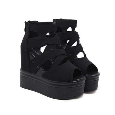 Jimei House Women's Platform Sandals, Open Toe, Black, Lightweight, Easy To Walk In, Zippered Wedges, 14cm High Heel, 5.5cm Waterproof, Summer