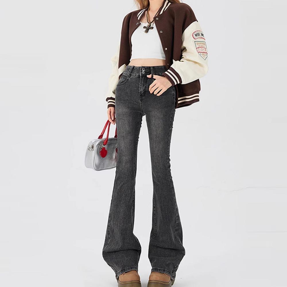 Personalized Versatile High-waisted Micro-pull Jeans Spring and Autumn New Double-buckle Thin Micro-flared Jeans