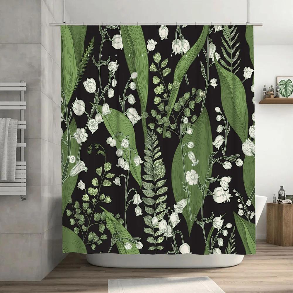 GAEWhite Lily Flowers Green Leaf Shower Curtain Bathroom Decor Waterproof Print Shower Cloth Fabric Bath Mat 72x84 inches (183