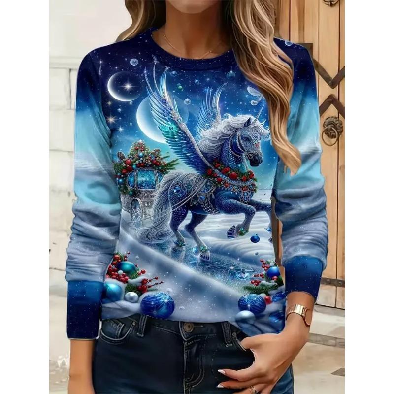 Women's 3D Printed Crew Neck Long Sleeve T-Shirt Fashion Versatile Trend Breathable Casual