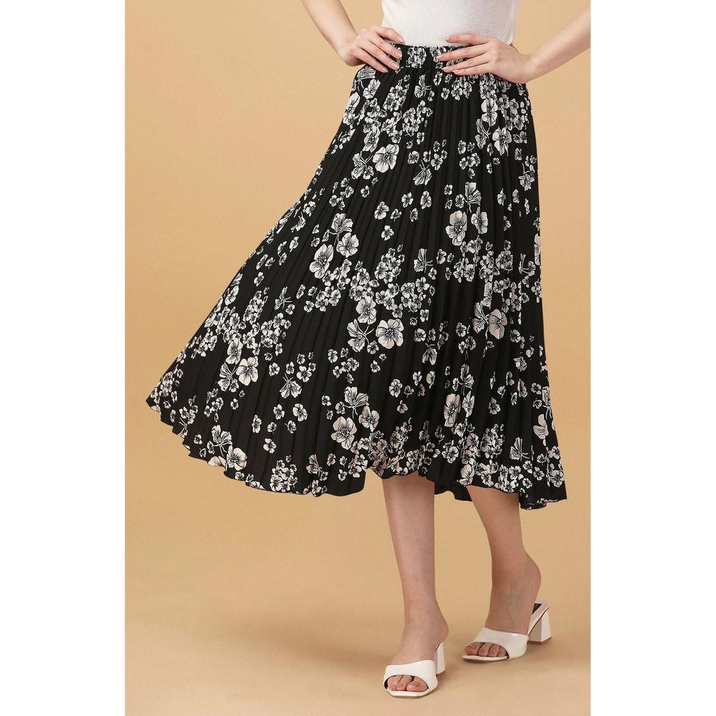 White Floral Printed Polyester Casual Skirt Women Pleated Flared Midi Skirt