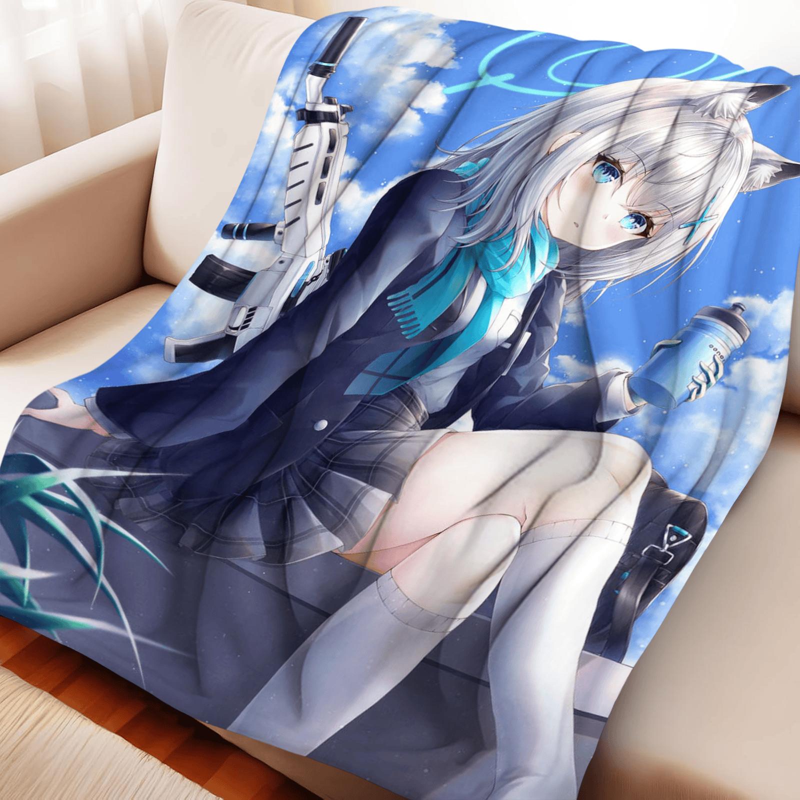 Blue Archive Style Cartoon Flannel Blanket - Ultra Soft Double-Layer Fleece, Cute Anime Print, Cozy for Winter 75x90cm
