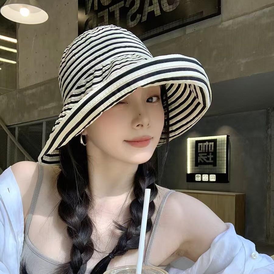 New style open-top shell hat for women, sun hat with open top, UV protection, large brim, striped fisherman hat