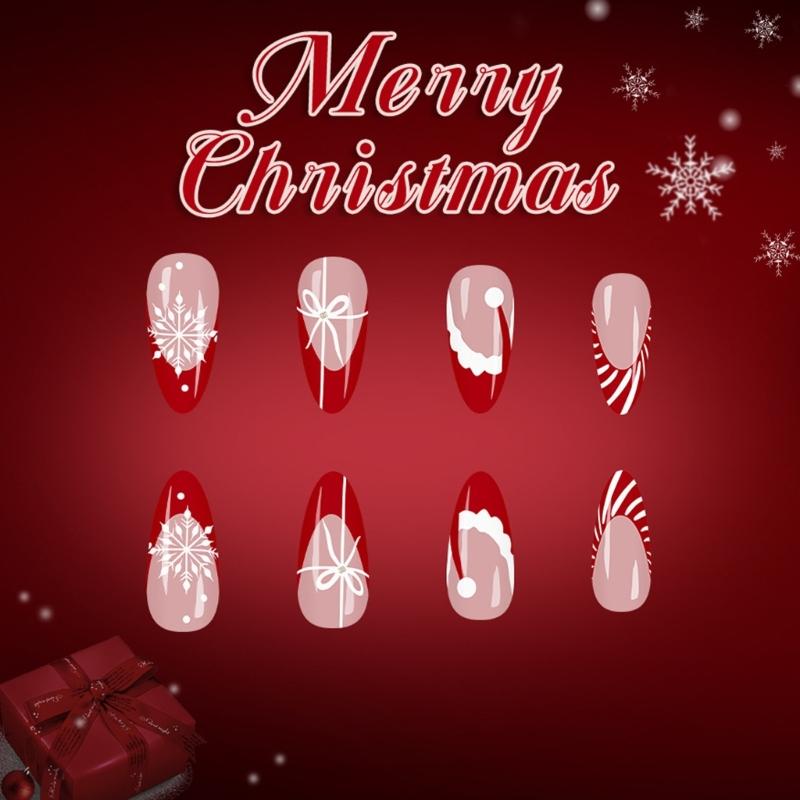 Festival French Press On Nail 24Pieces Red Striped Glitters Snowflakes Artificial Nail For Holiday Celebration