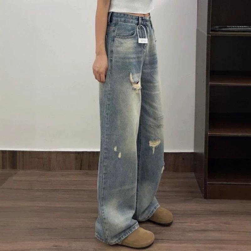 Women S High Waist Distressed Wide Leg Denim Jeans