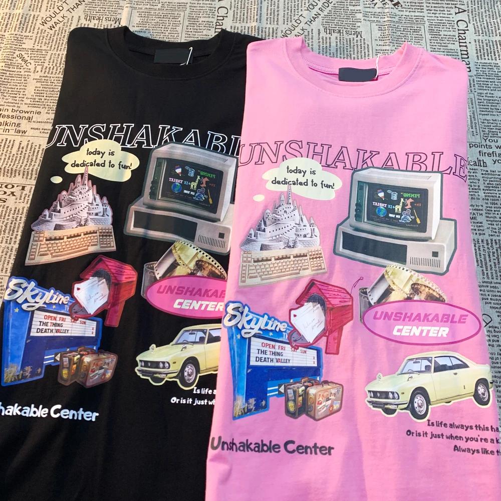 American Retro Nostalgic Print Pink Funny Short Sleeved T-shirt For Men Women 100% Cotton Loose Oversize Couple Half Sleeved