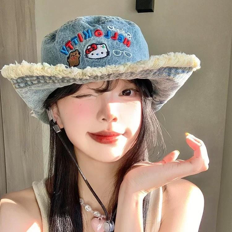 

Hello Kitty Denim Fisher Hat With Wide Brim Sun Protection For Summer Outings