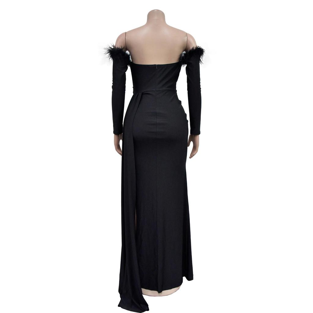 Gefaltetes rückenfreies langes Kleid mit Schlitz - Unifarben Damenmode (Europa & Amerika) C6797.