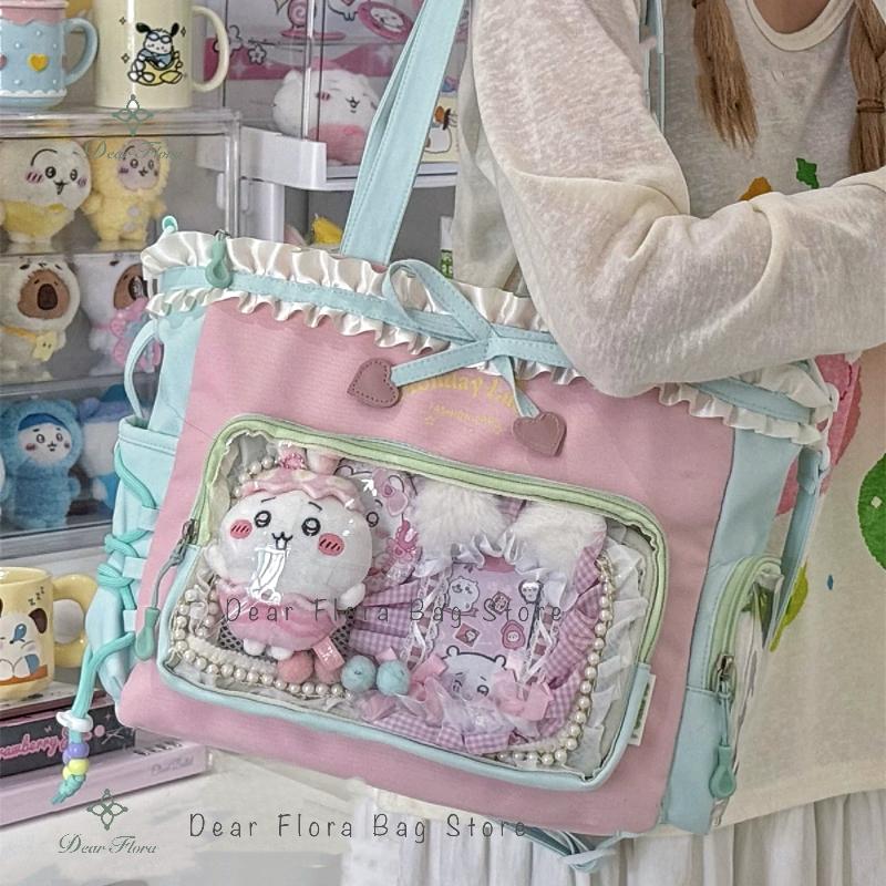 New Fashion Sweet Ita Bag Lolita Girl Transparent Shoulder Bag Women Large Capacity Ribbon Bow Tote Bag Cute DIY Display Handbag