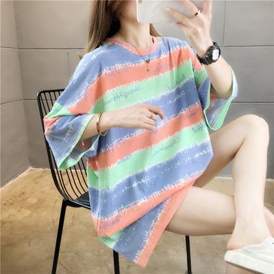 

Summer new Korean version striped letters loose large size casual short-sleeved T-shirt female students on clothes female trend 2XL