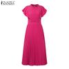 ZANZEA Women Elegant Casual Round Neck Sleeveless Pleated Dress