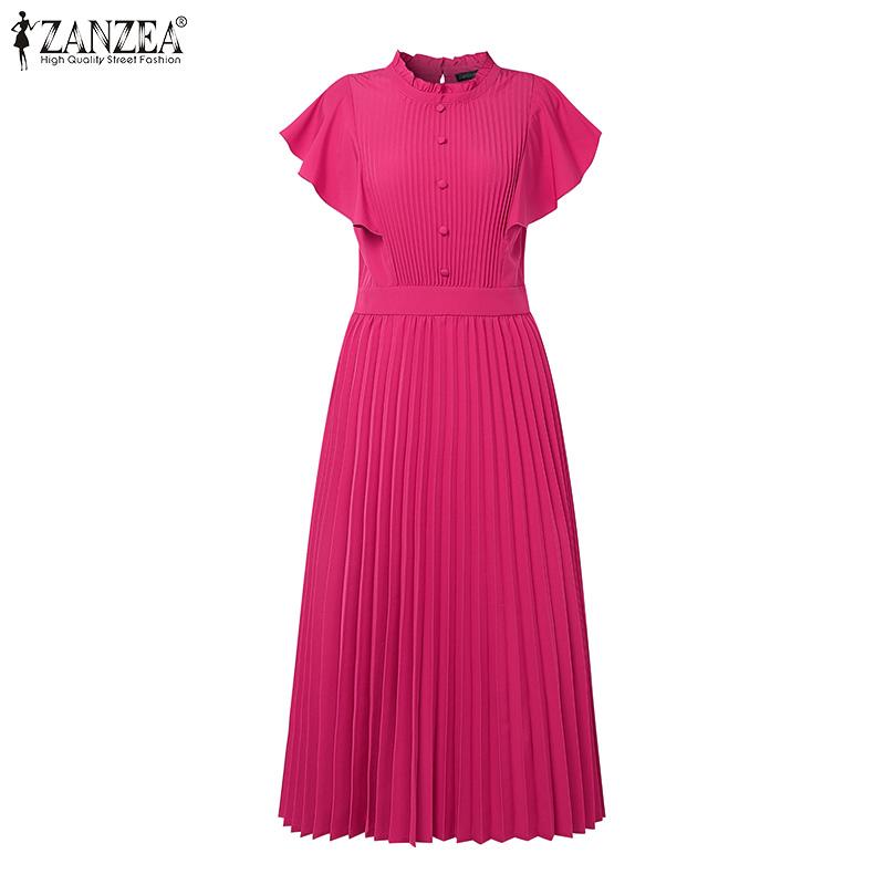ZANZEA Women Elegant Casual Round Neck Sleeveless Pleated Dress