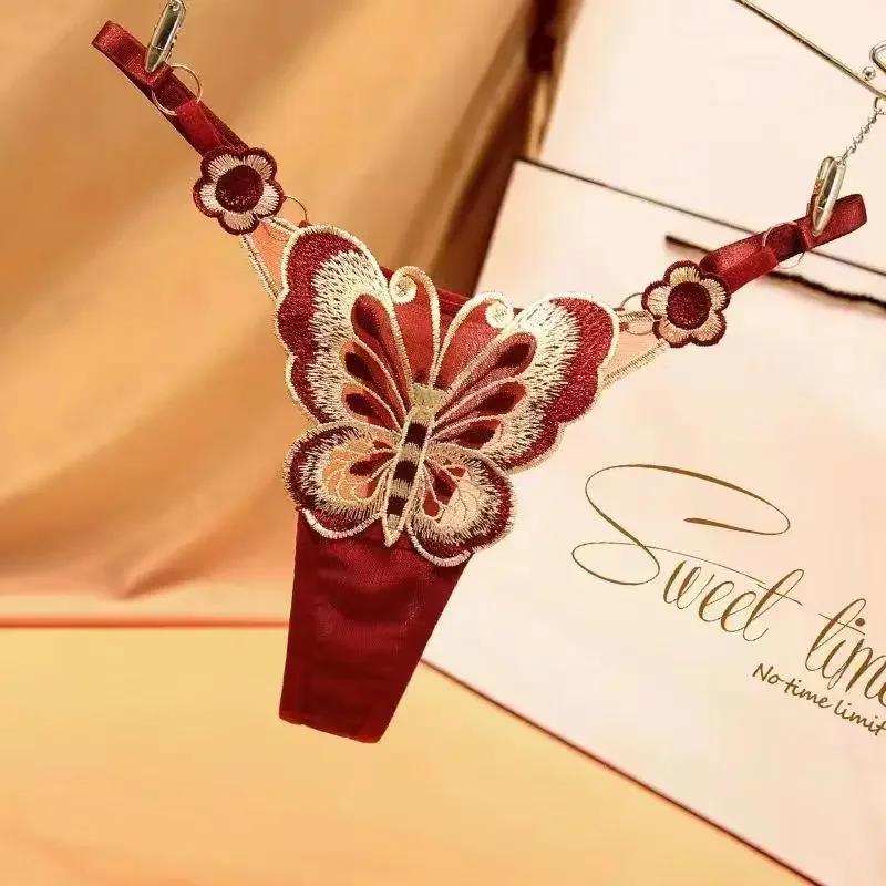 European Exquisite Butterfly Embroidered Thong Sweet Flower Perspective Lingerie Women Sexy Adjustable Briefs