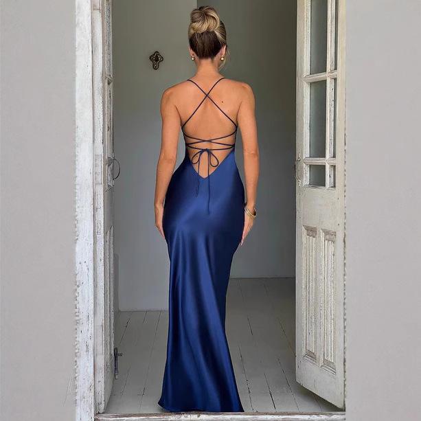 Women Summer Strap V Neck Satin Solid Color Package Hip High Split Party One Piece Dress