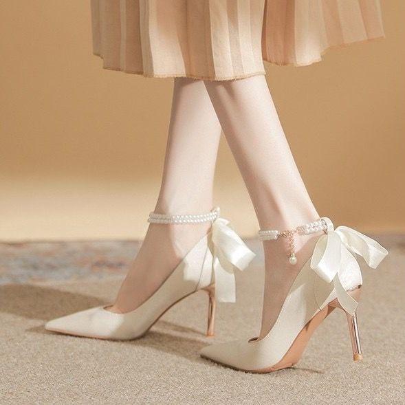 French Versatile High Heels Femininity Sexy Cheongsam Shoes Dress Shoes Elegant Bridesmaid Shoes Wedding Shoes Bride Shoes Women
