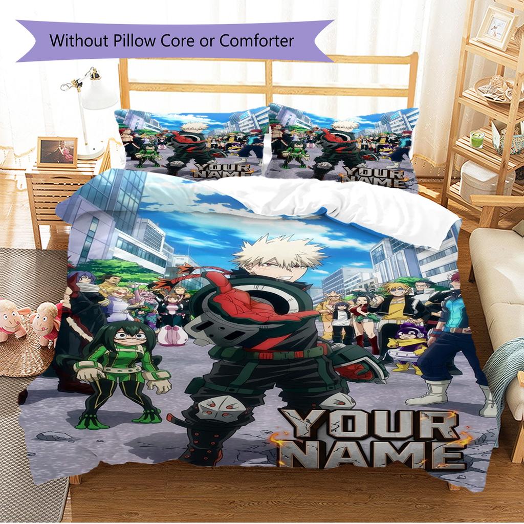 Name Custom Anime Mha Pattern Bedding Set Quilt Cover Pillowcase Home Decor Gift (1 * Duvet Cover + 2 * Pillowcase, Without Core)