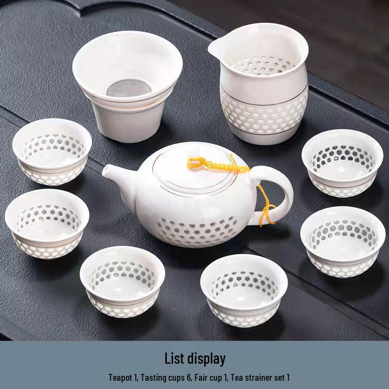 Exquisite 10-Piece Honeycomb Ceramic Kung Fu Tea Set with Teapot, Gaiwan, and Cups In a Gift Box.