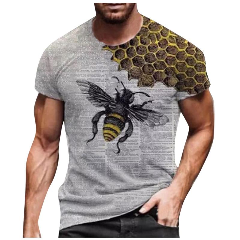 Summer Round Neck Honey Bee 3D Print Top Fashionable Casual Short Sleeved Men's T-shirts