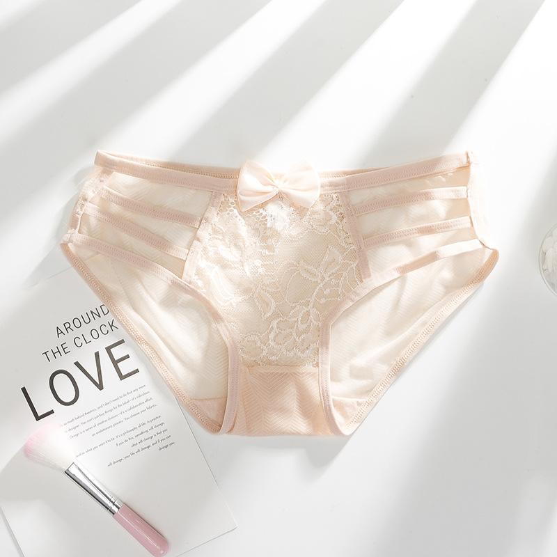 Ladies Spring and Summer Lace Bow Hollow Thin Belt Breathable Cotton Crotch Low Waist Triangle Briefs