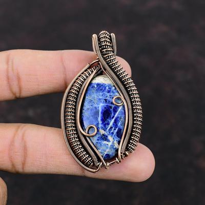 Sodalite Pendant Copper Wire Wrapped Gemstone Pendant Unique Copper Design Jewelry Handmade Decent Pendant Wire Wrapped Jewelry Gift For Her