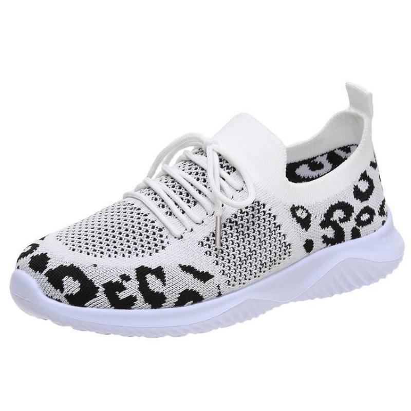 Flying Woven Women's Shoes Spring New Leopard Print Flying Woven Flat-bottomed Mesh Breathable Casual Sports Shoes Women