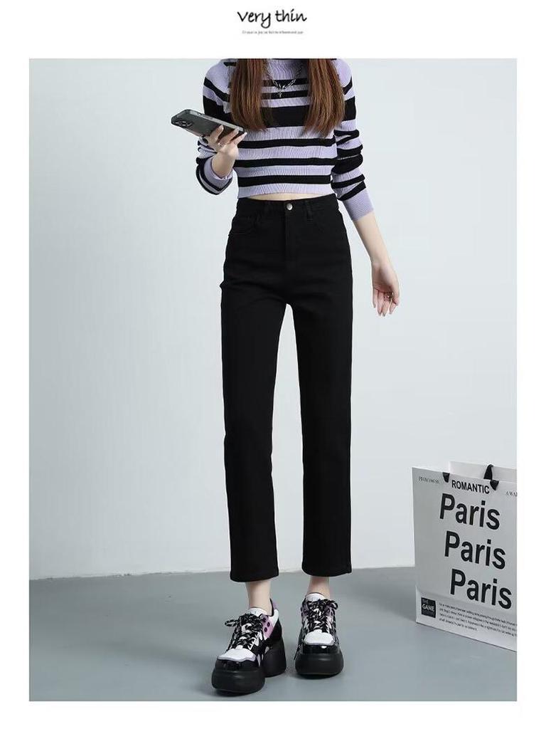 2025 Spring/Autumn Women's High Waist Straight Leg Jeans - Slimming Light Tone Cropped Cigarette Pants