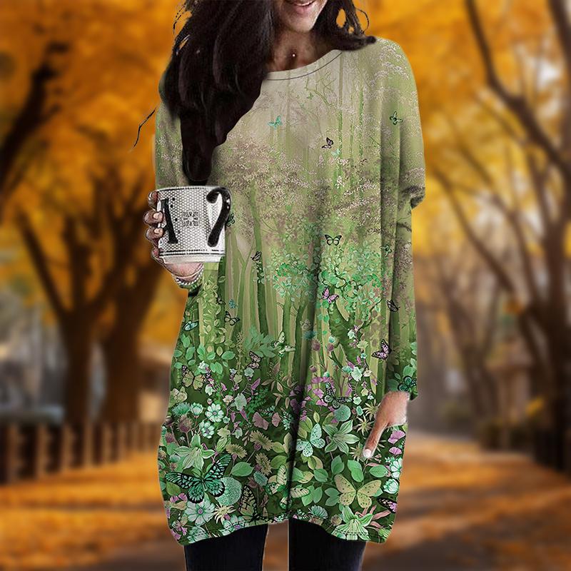 Новинка осени с принтом Blue Forest Plus Size Dress Women O neck Long Sleeves Casual — фото 6