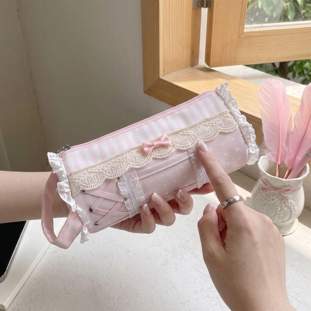 Printed Lace Pencil Case Large Capacity Zipper Stationery Pouch Trendy Pen Organizer  Children