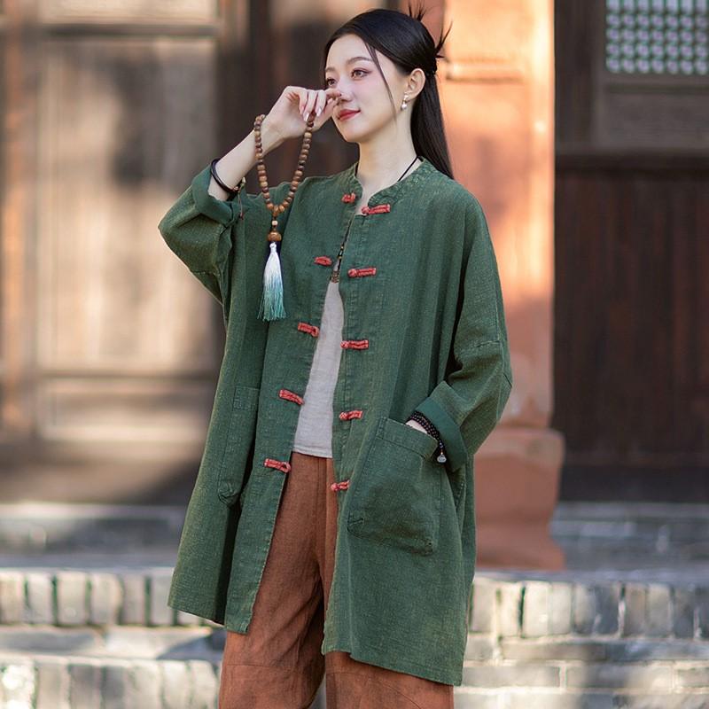 Johnature Women Shirts Vintage Tops Spring Chinese Style Button Solid Color Pockets Stand Long Shirts