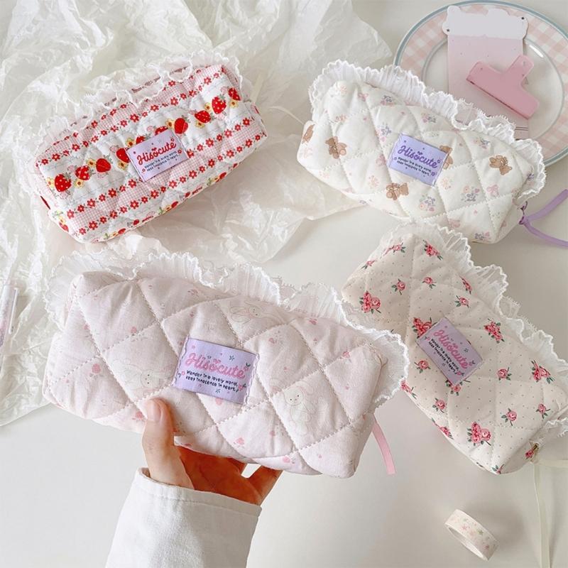 Quilted Pencil Pouch Bag Zippers Pen Case with Lace Trim, Stationeries Organizers for Students, Desk and School Bag Carry