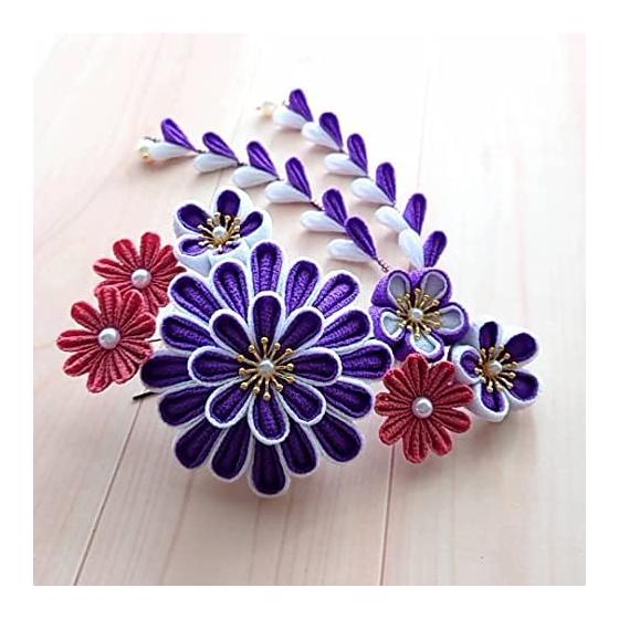 Lulu's Handmade Tsumami Zaiku Hair Accessory Set - Purple Round Chrysanthemum & Rose Chirimen Flowers with Dangling Ornaments, Comb & U-Pins - for