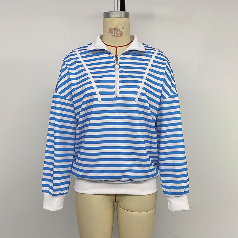 Women's Retro Striped Polo Collar Long Sleeve Hoodie - Loose Fit Autumn/Winter 2026 Pullover