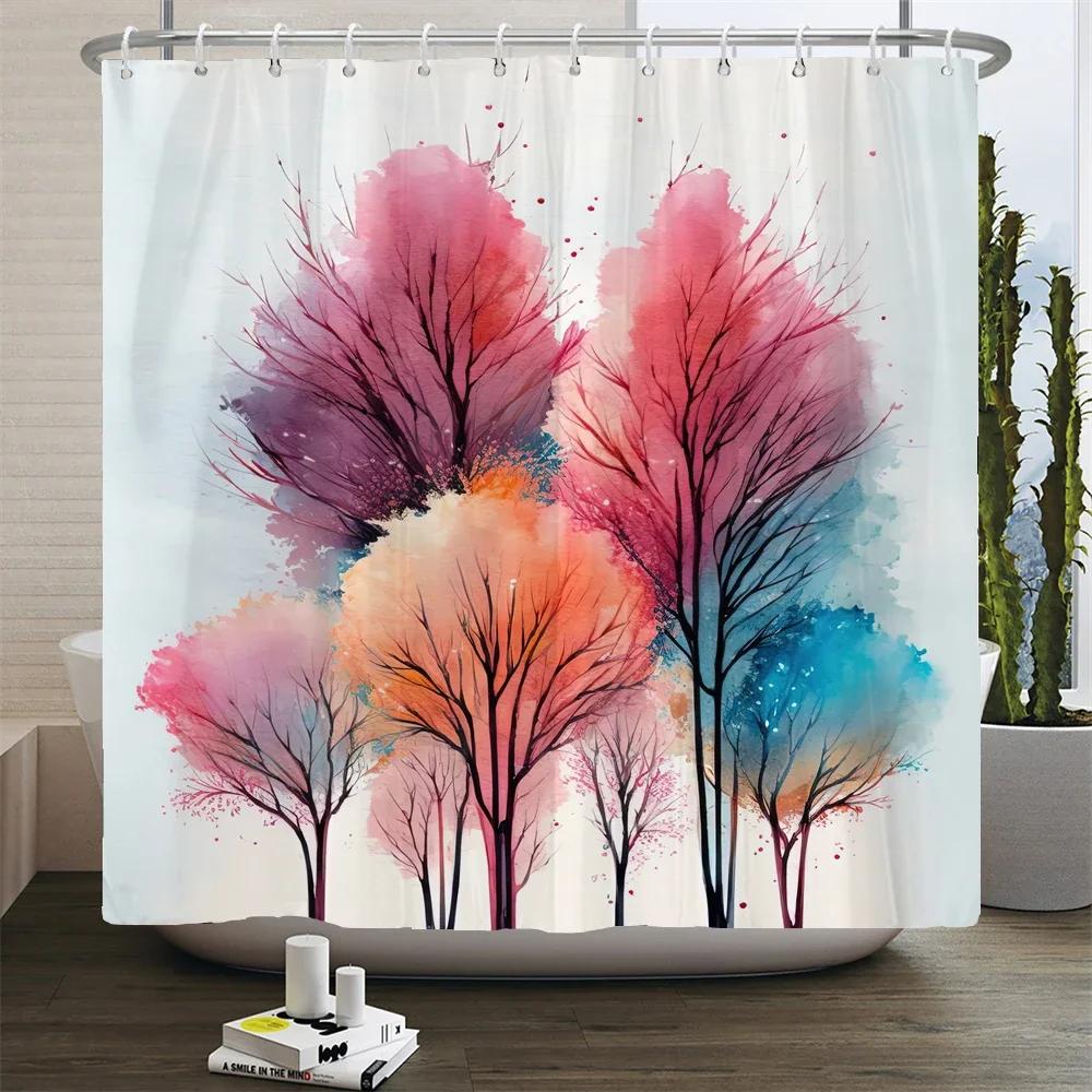 Stunning Watercolor Trees Print Water-resistant Shower Curtain with Artistic Design and Soft Colors for Vibrant Bathroom Decor