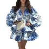 Women's clothing, new spring models in Europe and America, elegant temperament, printed deep V-neck lantern sleeve dress