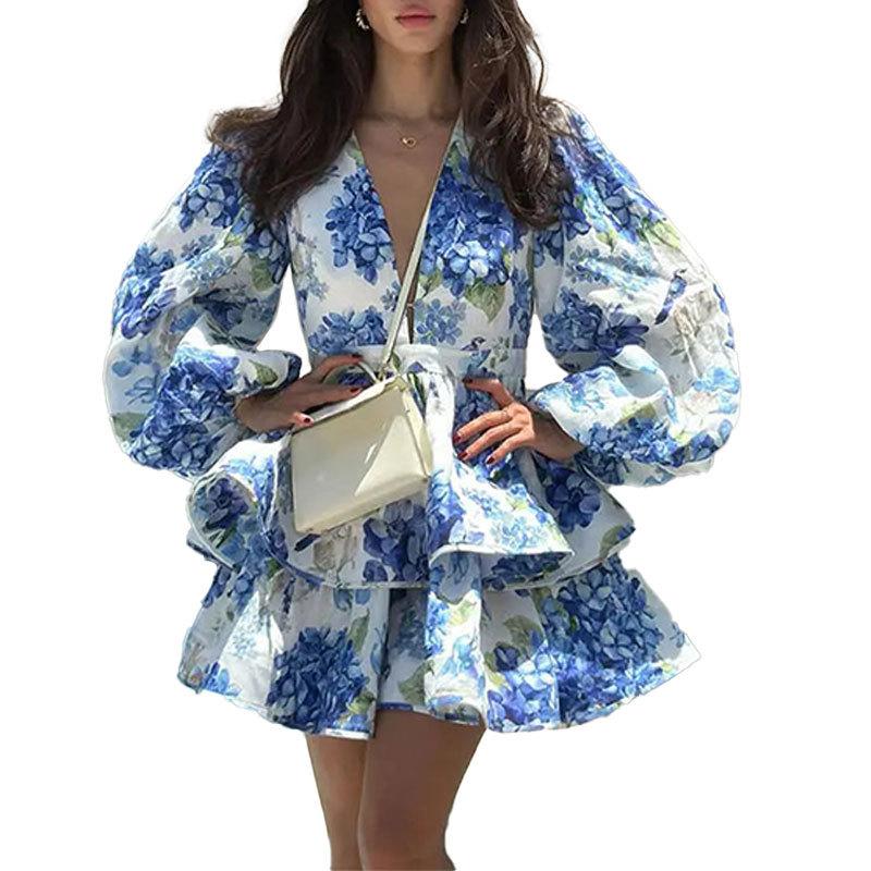 Women's clothing, new spring models in Europe and America, elegant temperament, printed deep V-neck lantern sleeve dress
