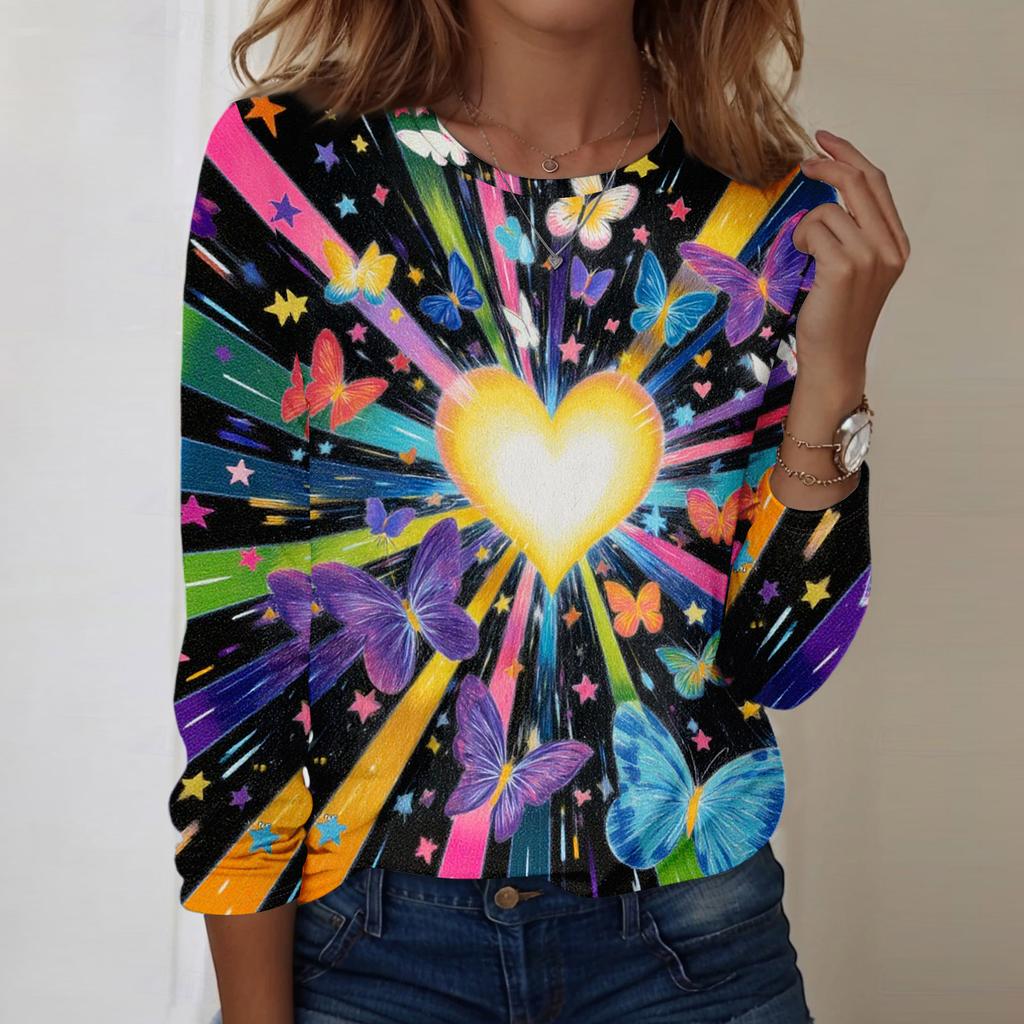 Damski casualowy top z długim rękawem, z nadrukiem walentynkowym, z okrągłym dekoltem